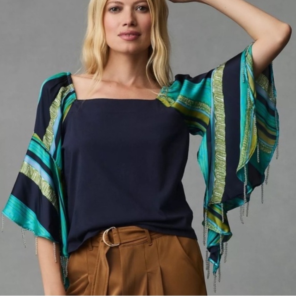 Anthropologie TINY Blue Green Beaded Bell Sleeve Top Size XS Flowy Boho Coastal